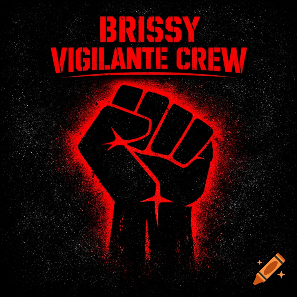 A black raised fist with a red glow on a gritty black background, with bold red text 'BRISSY VIGILANTE CREW' above it, in a graphic, stencil style.