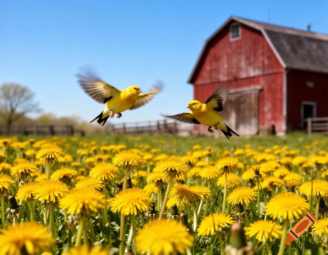 Two bright yellow finches fly over a field of vibrant yellow dandelions with a red barn under a clear blue sky.