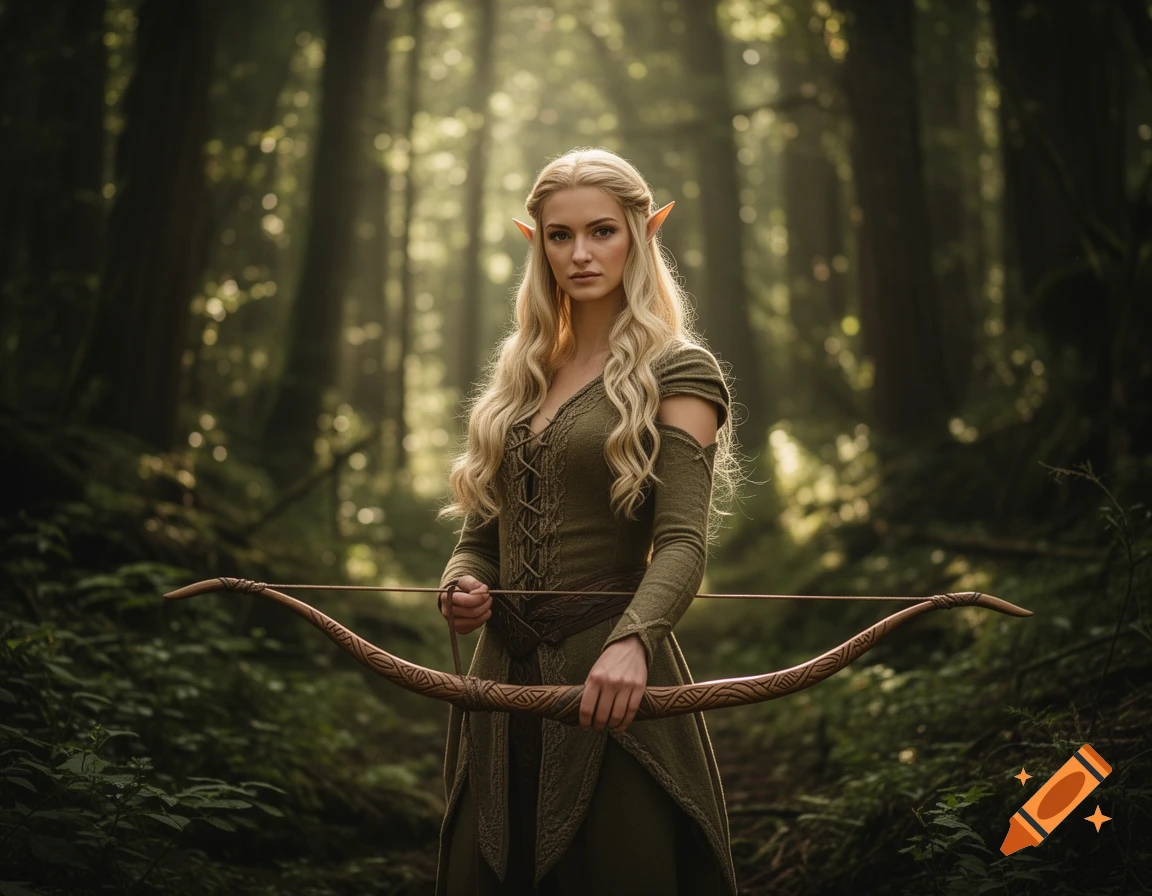 An elven woman with blonde hair and pointed ears, wearing a green dress ...