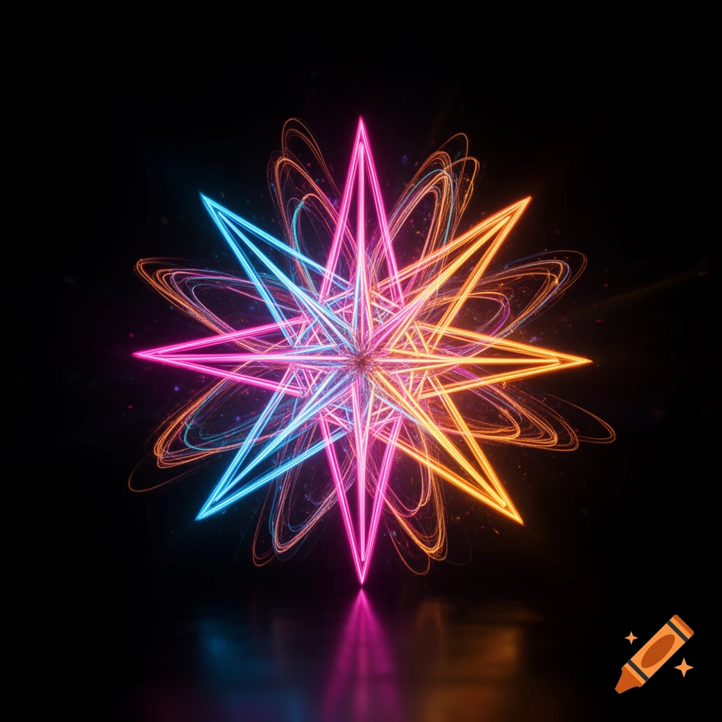 Vibrant neon abstract star shape with glowing pink, blue, and orange lines reflecting on a dark surface.