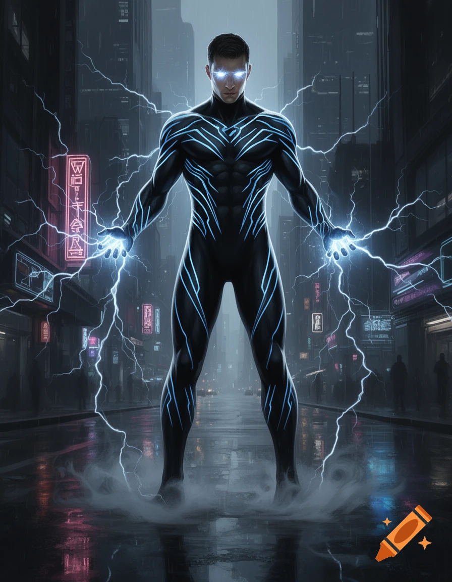 A man in a black and blue glowing superhero suit stands in a rainy city ...