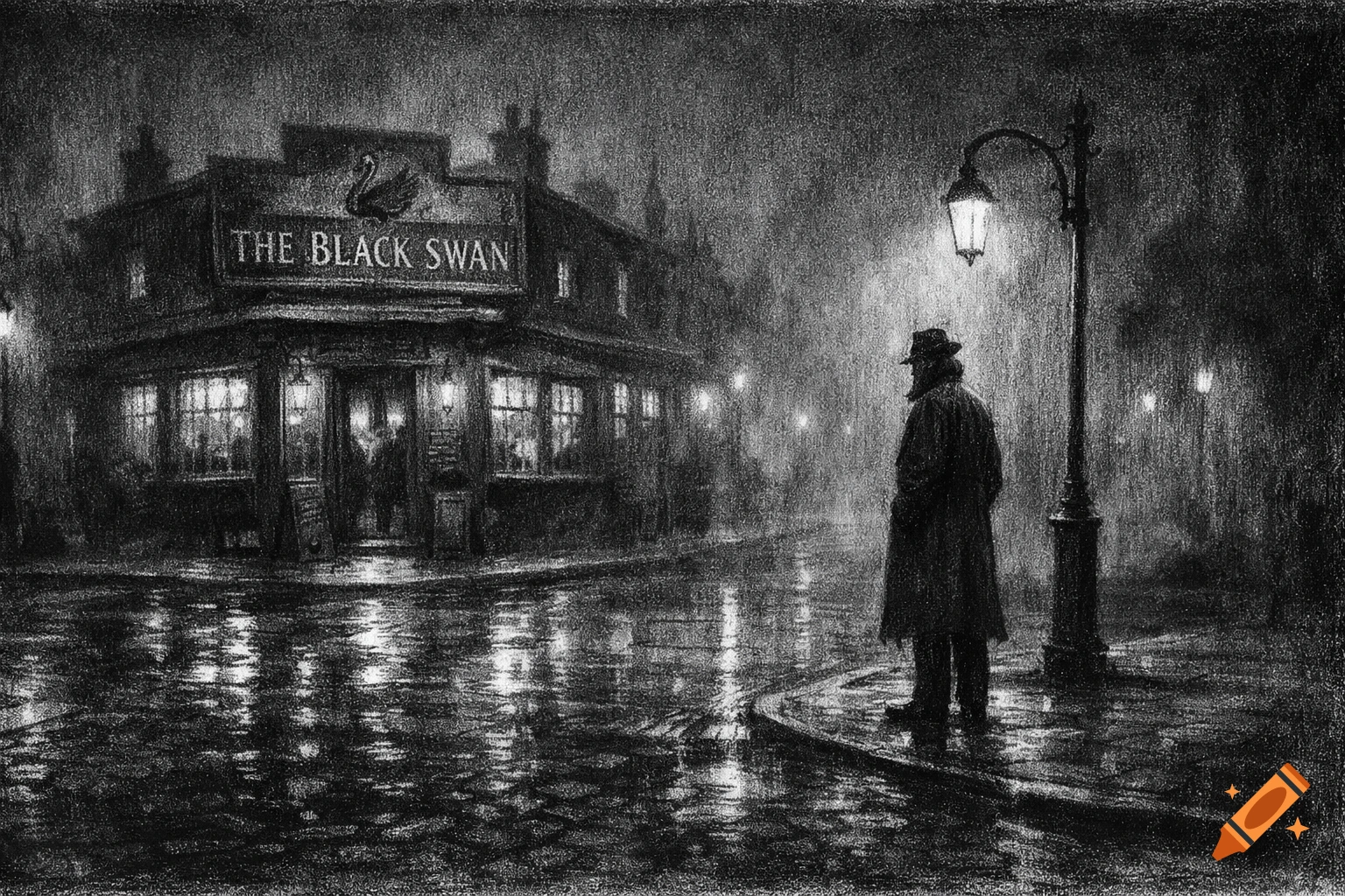 Black and white charcoal drawing in film noir style showing a lone figure in a trench coat outside 'The Black Swan' pub on a wet city street at night.