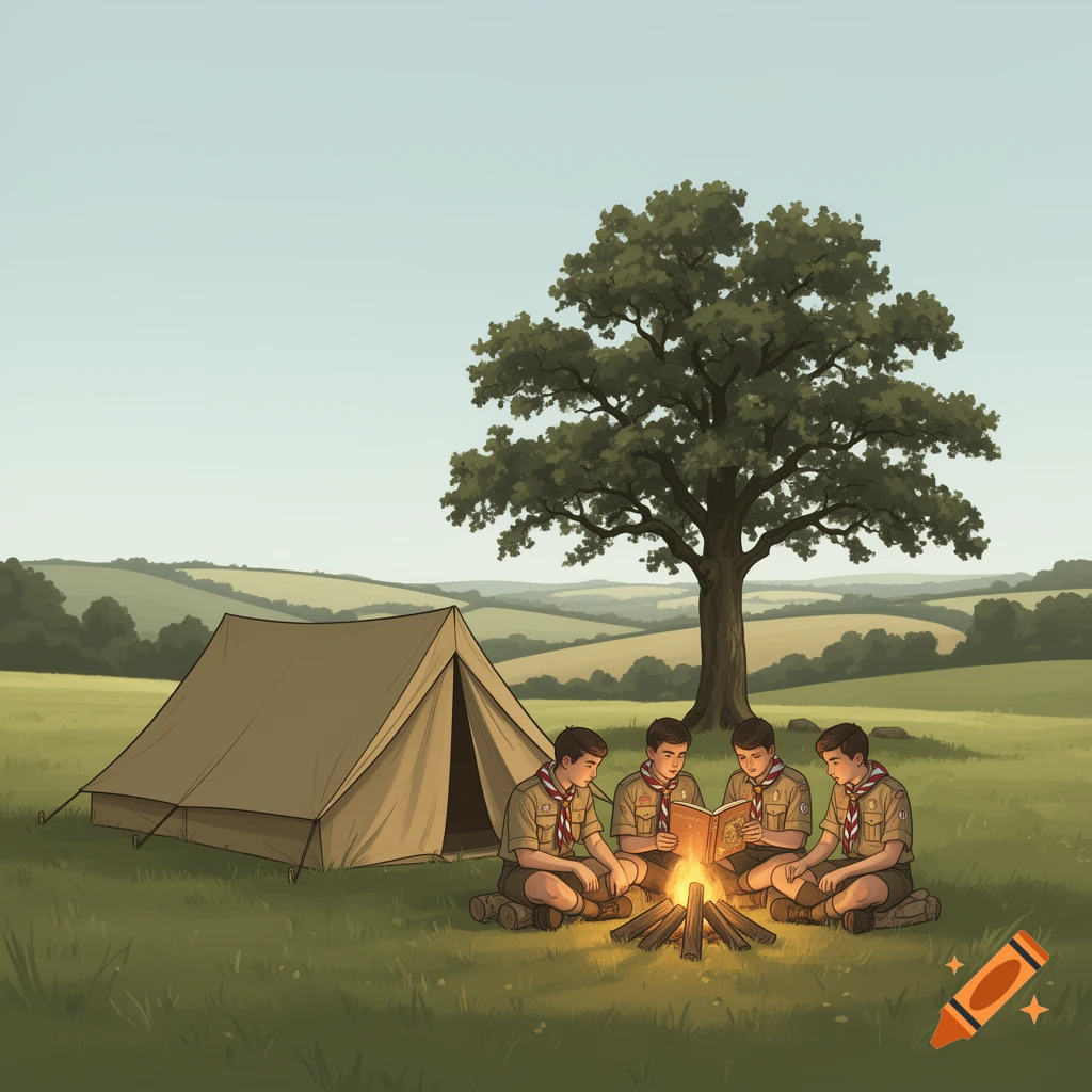 Illustration of four scout boys camping, sitting around a campfire reading a book next to a tent.