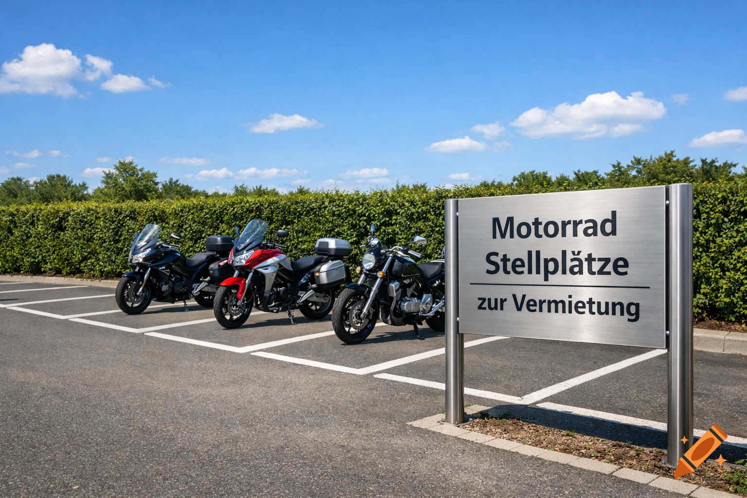 Three motorcycles parked in a designated area next to a sign for motorcycle parking space rental under a clear blue sky.