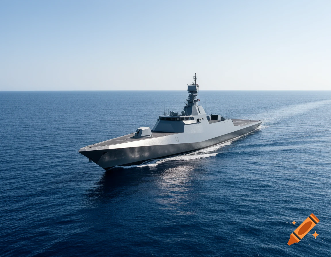 A sleek grey modern military ship cuts through deep blue water under a clear blue sky, leaving a distinct wake.