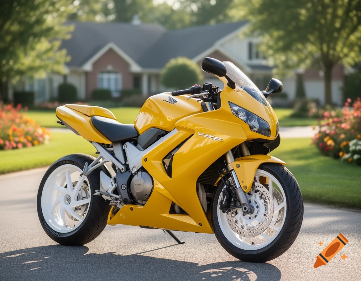 A bright yellow VFR800 sport motorcycle with white wheels is parked on a driveway in front of a house.