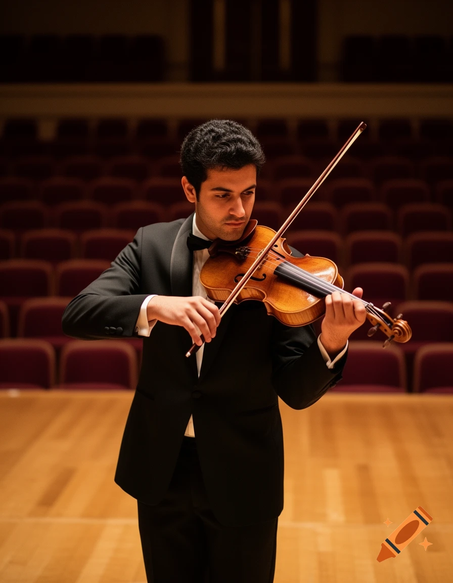 A man in a tuxedo plays a viola on a stage with empty red seats in a concert hall, photorealistic.
