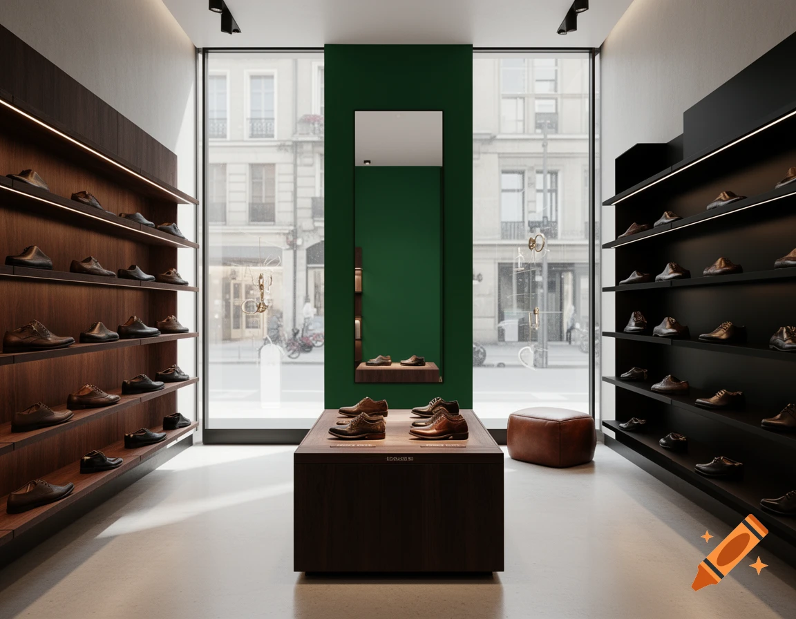 A modern, premium men's shoe store interior with dark wood shelves, a central display, an emerald green accent wall, and a brown leather pouf.