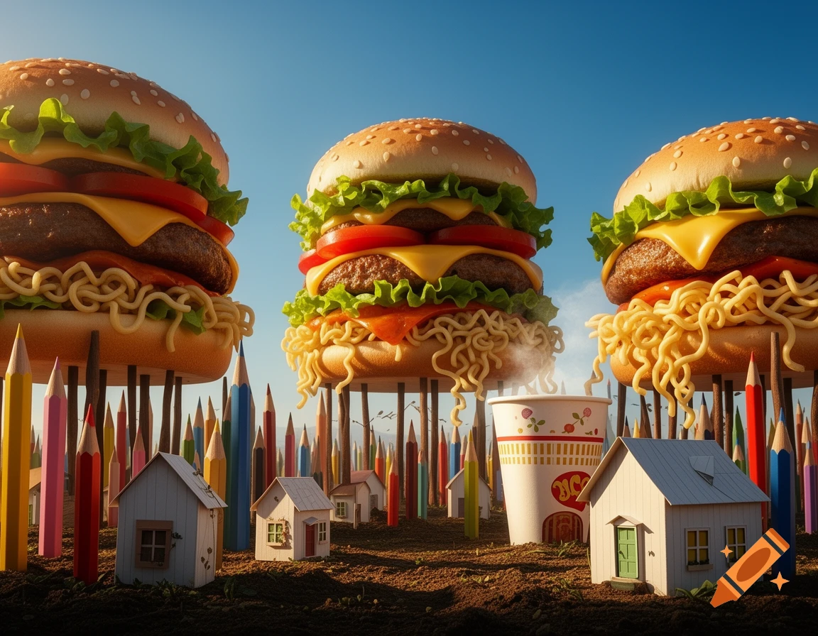 Giant cheeseburgers with ramen noodles sit atop pencils in a miniature landscape with paper houses and a cup of steaming noodles under a blue sky.