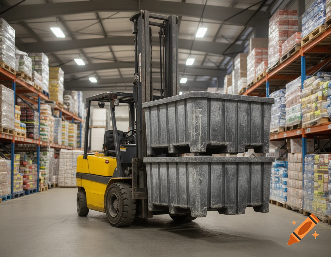 A yellow forklift truck carrying two large grey bins in a spacious warehouse with shelves stacked high with goods.