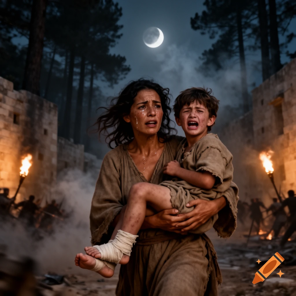 A photorealistic image of a desperate woman carrying a crying child with bandaged feet, fleeing a war-torn Bethlehem at night with torches and smoke.