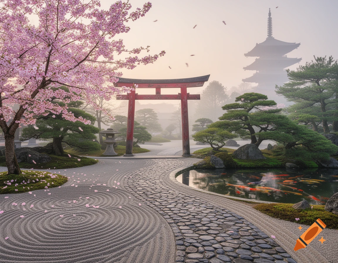A serene Japanese garden features a red torii gate, pink cherry blossoms, a pond with koi fish, a raked sand garden, and a pagoda in the misty background.