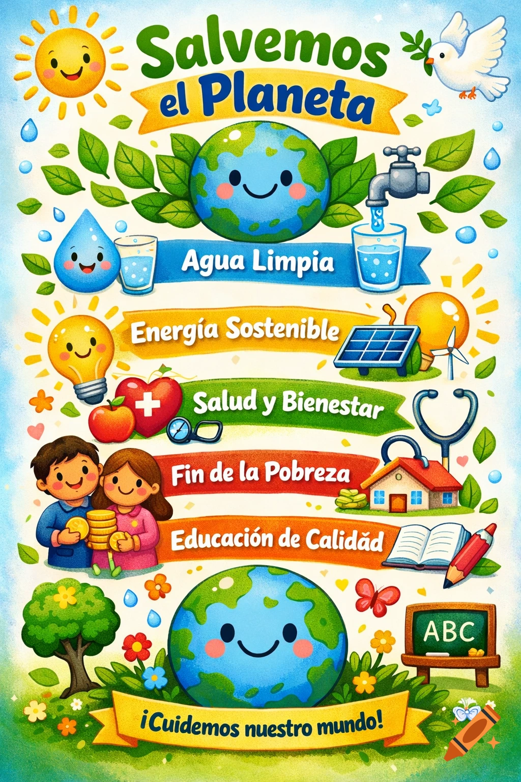 Colorful educational infographic in a children's illustration style, promoting saving the planet with icons for clean water, sustainable energy, health, poverty, and quality education.