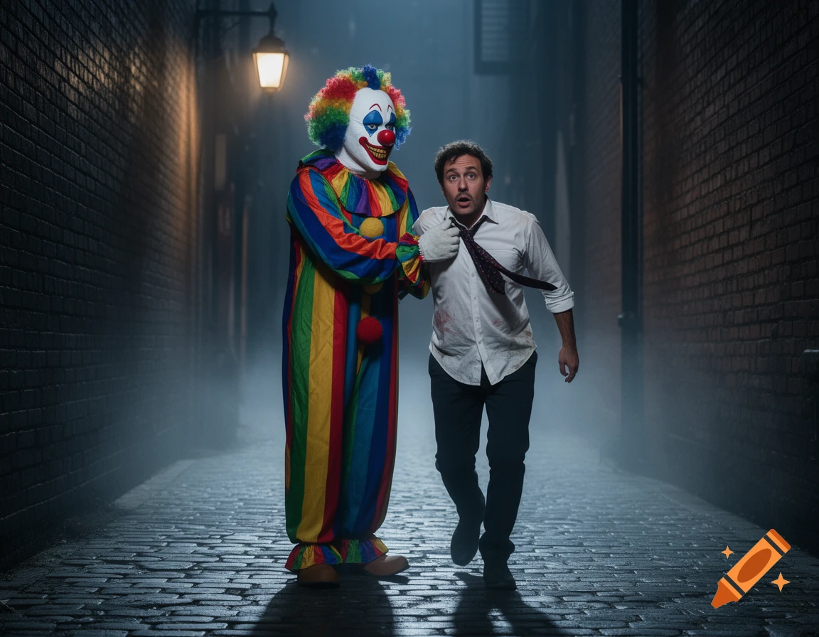 A clown in a rainbow costume dragging a disheveled man with a blood-stained shirt through a dark, foggy alley.