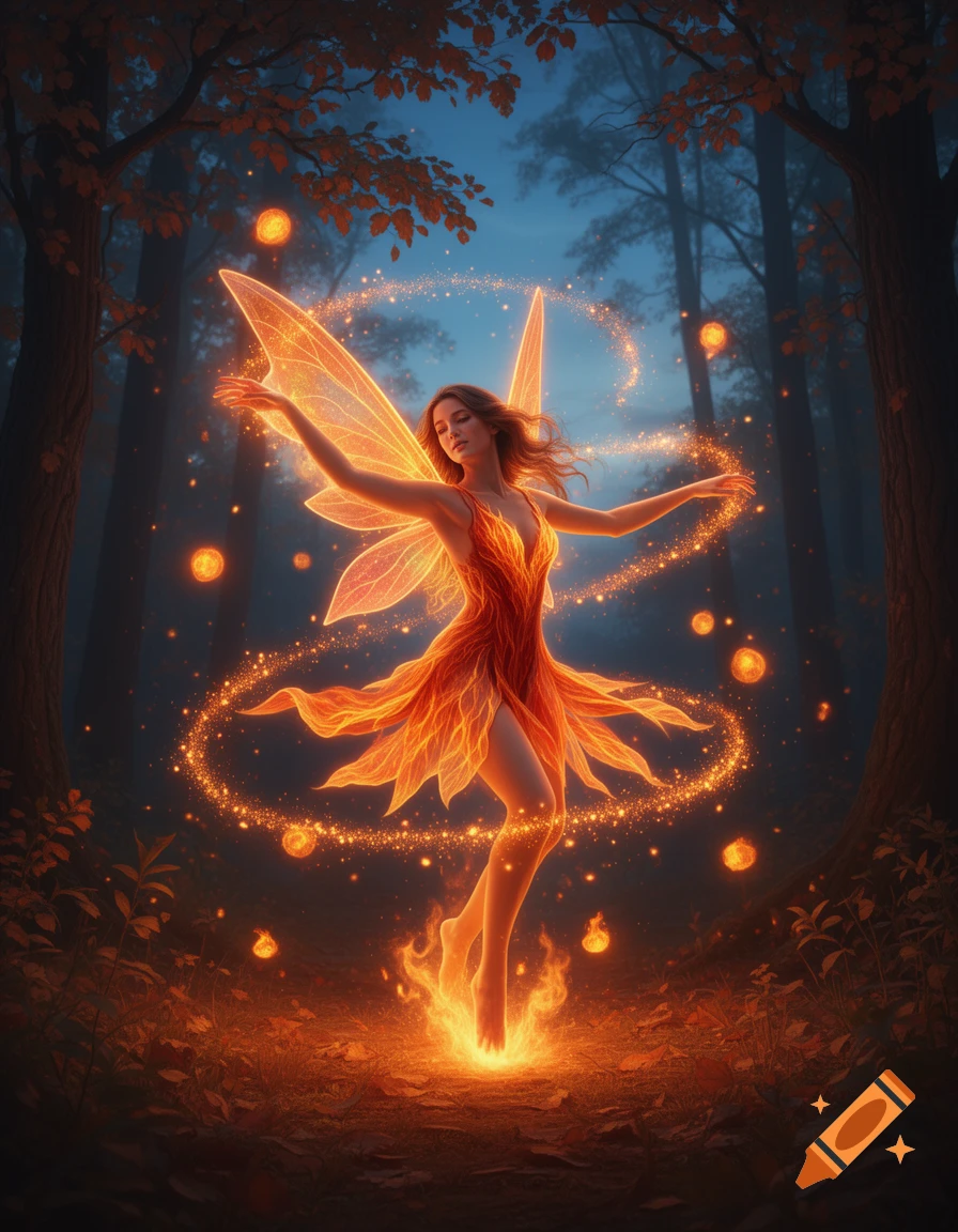 A fiery fairy with glowing wings dances in a dark, magical forest surrounded by sparkling orbs and fire.