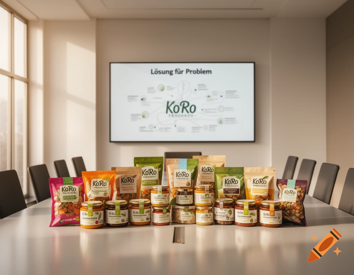 Various KoRo food products, including jars and bags of snacks, displayed on a conference table with a screen showing "KoRo PRODUKTE".