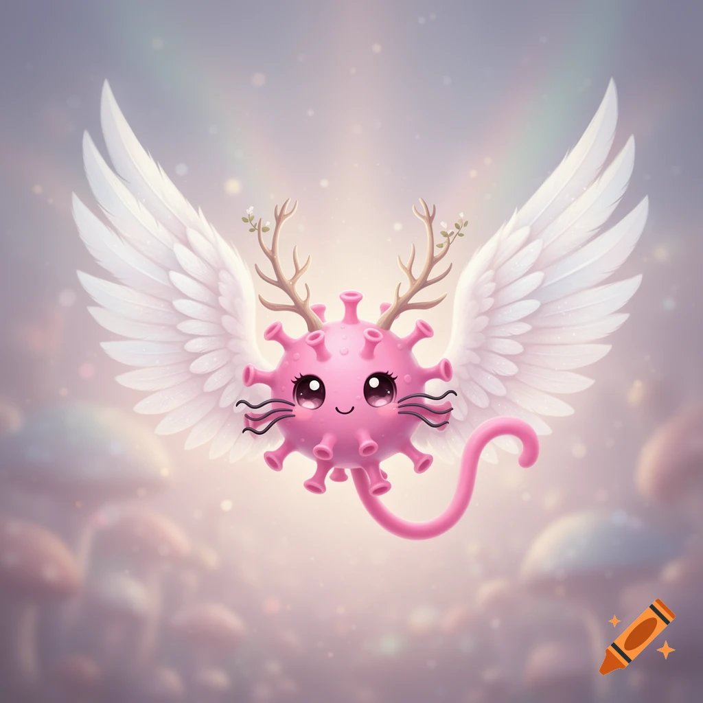 A cute pink cartoon virus with white wings, deer antlers, cat whiskers, and a pink tail floats in a magical, blurry background.