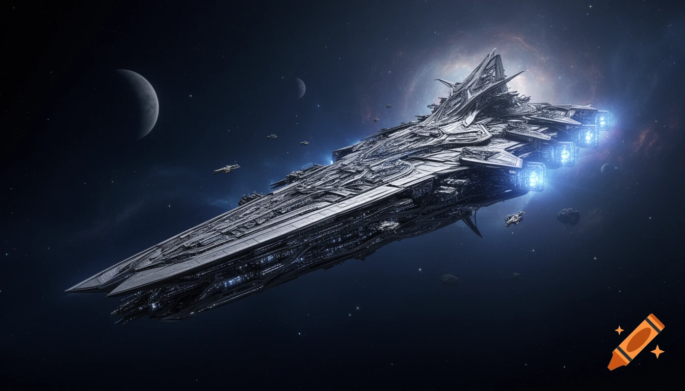 A massive, intricately detailed grey sci-fi warship with glowing blue engines flies through deep space, with moons and a nebula in the background.