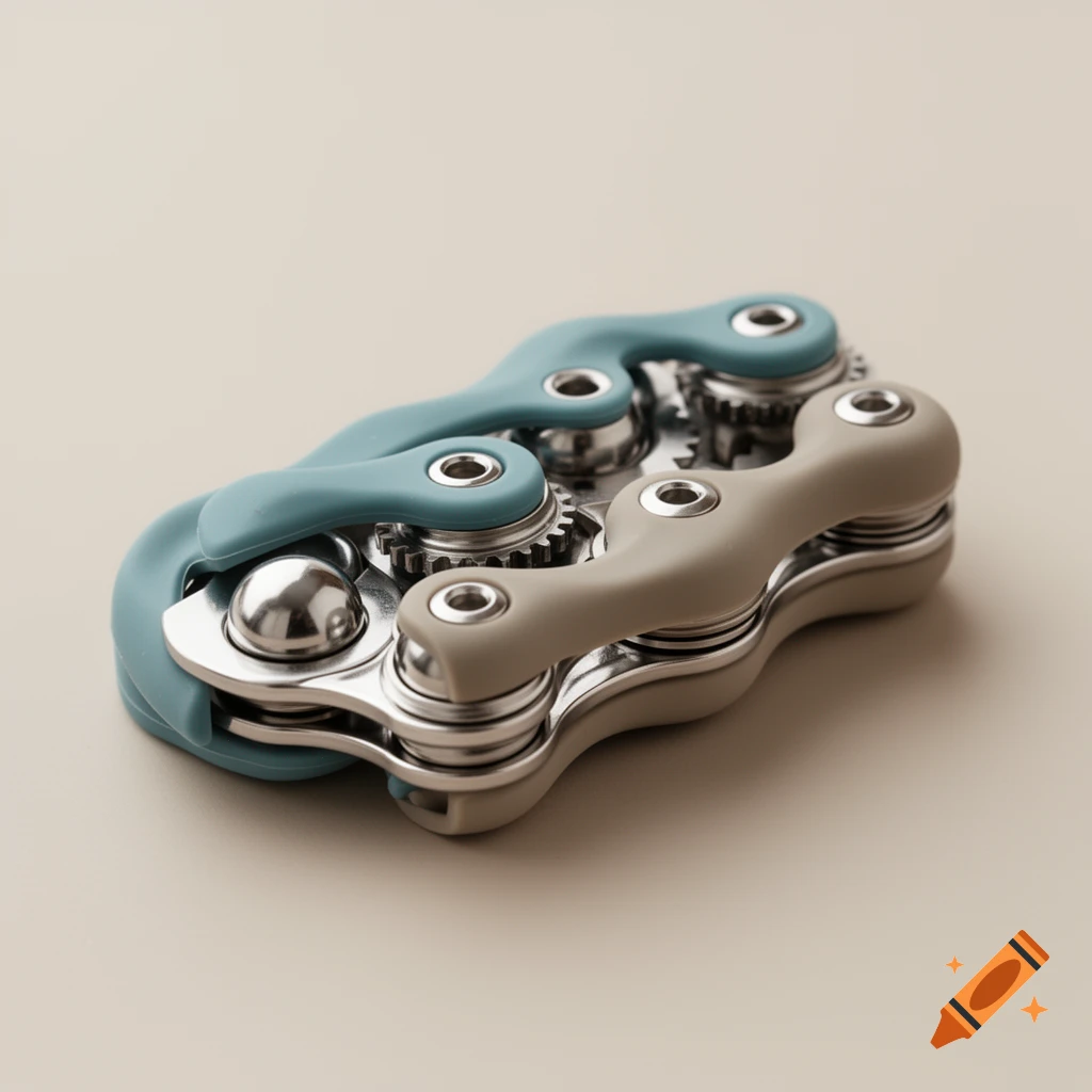 A modern fidget toy with teal and grey interlocking segments, metal gears, and spherical elements on a beige background.