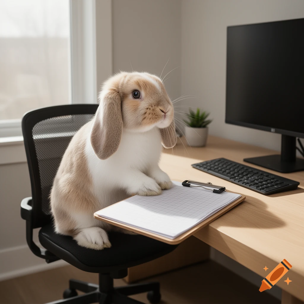 A photorealistic floppy-eared bunny sits in an office chair at a desk with a clipboard, keyboard, and computer monitor.