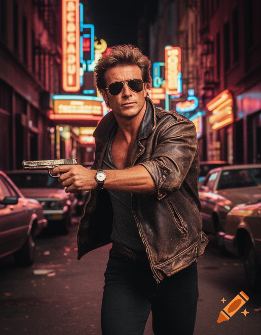 A tough-looking man in sunglasses and a leather jacket holds a pistol on a neon-lit 80s city street.