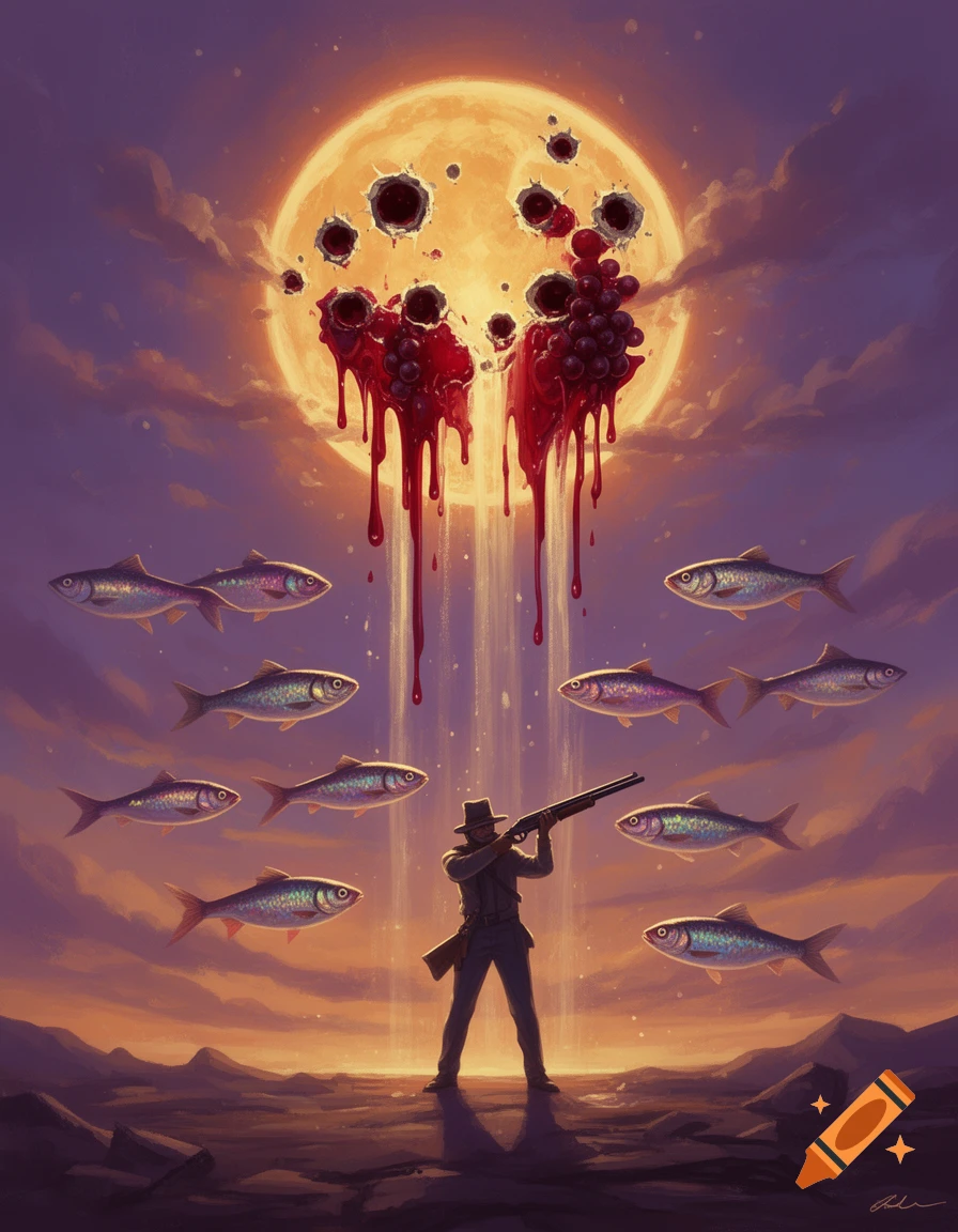 A surreal painting of a man with a rifle in a desert, with a bleeding, bullet-holed full moon and flying fish in the sky.