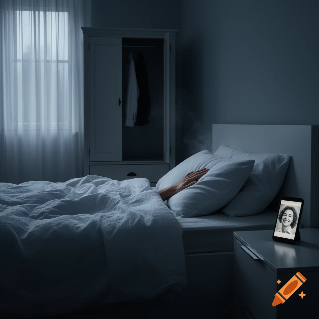 A person's arm reaches into an empty bed, illuminated by a smartphone displaying a smiling woman's photo on a nightstand in a dark bedroom.
