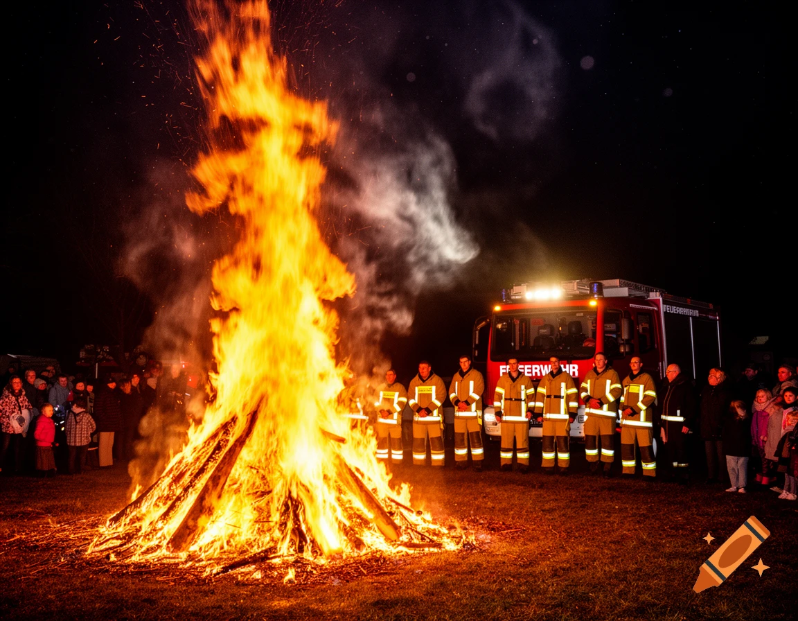 Firefighters stand by a huge bonfire at night with a fire truck and a crowd watching in the background.