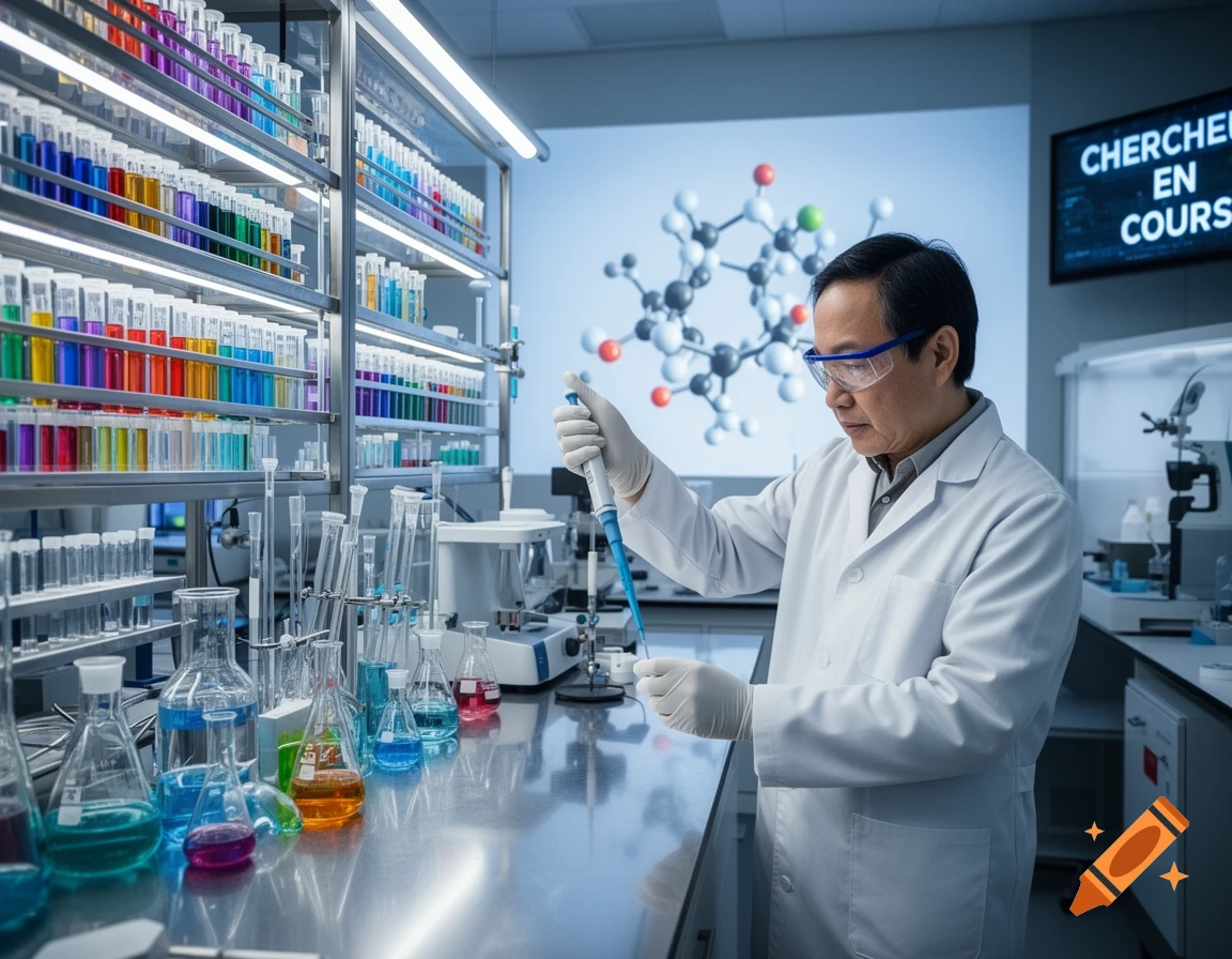 A male scientist in a lab coat and safety glasses precisely pipettes a blue liquid in a chemistry laboratory with colorful test tubes and beakers.
