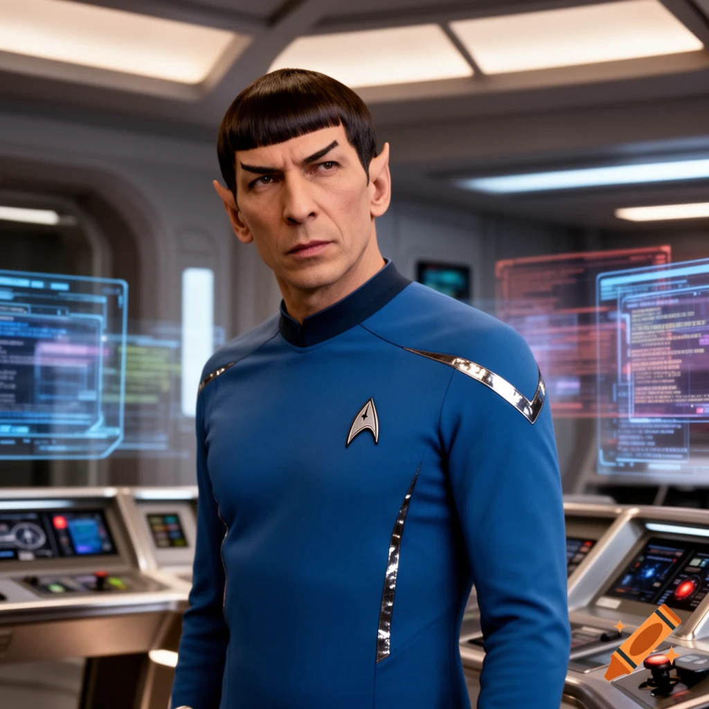 Photorealistic portrait of Spock in a blue Starfleet uniform on a starship bridge with holographic displays.