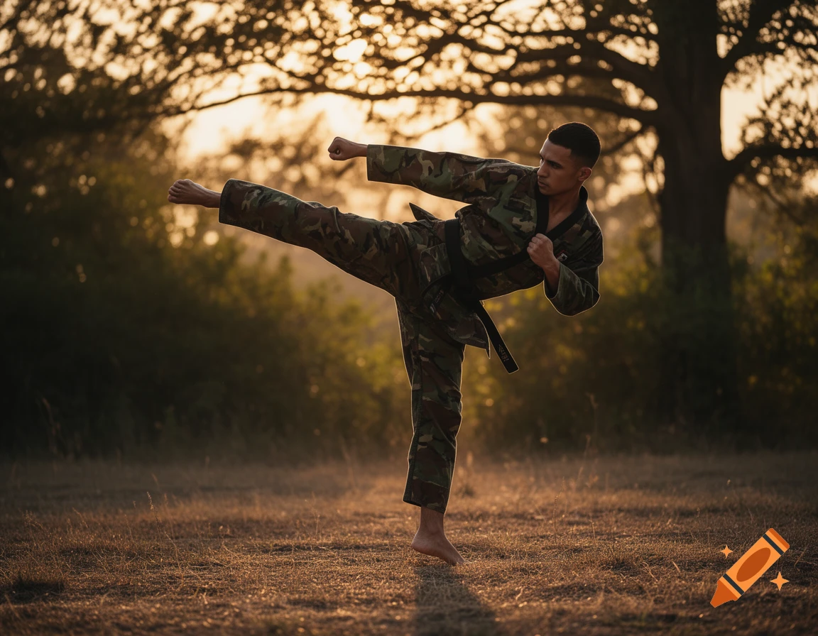 A male karate fighter in a camouflage uniform performs a high kick in a sunlit outdoor field.