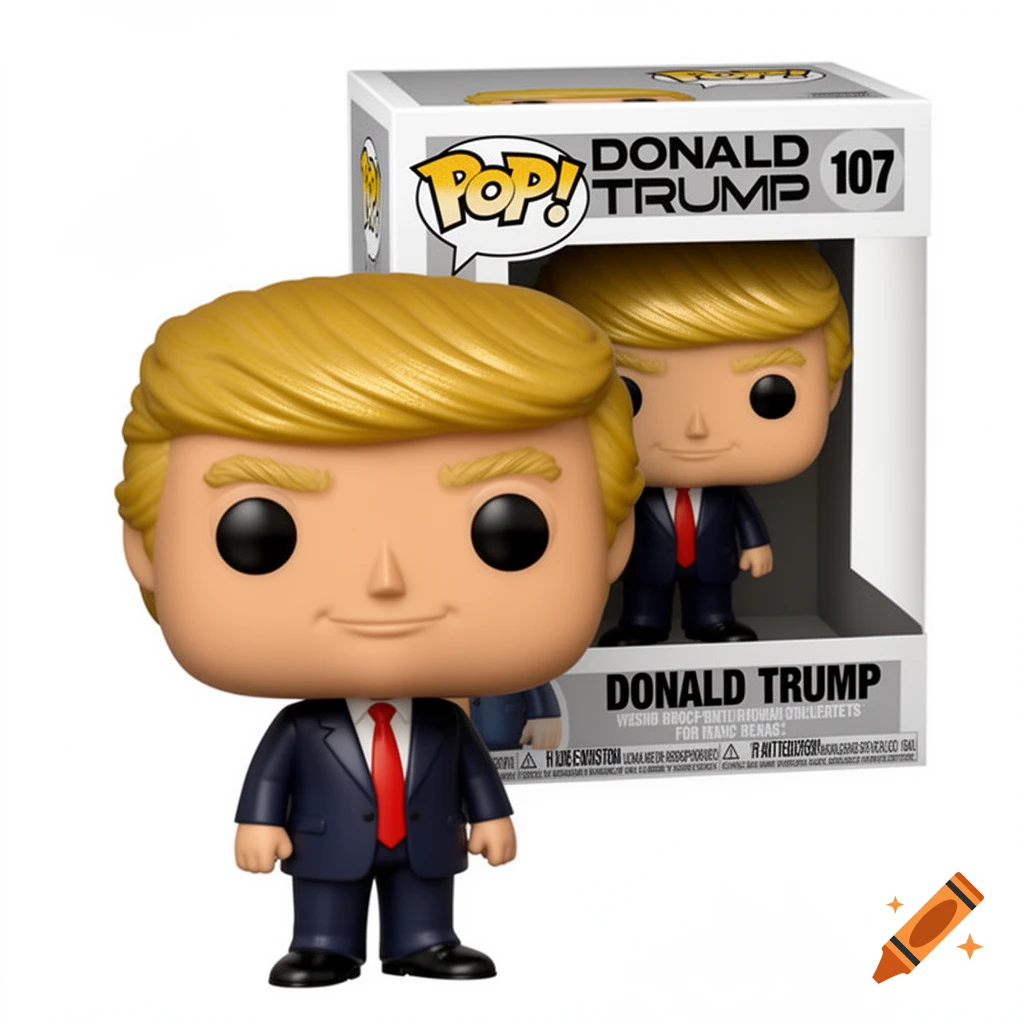 A photorealistic Funko Pop figure of Donald Trump in a navy suit and red tie, standing in front of its branded display box.