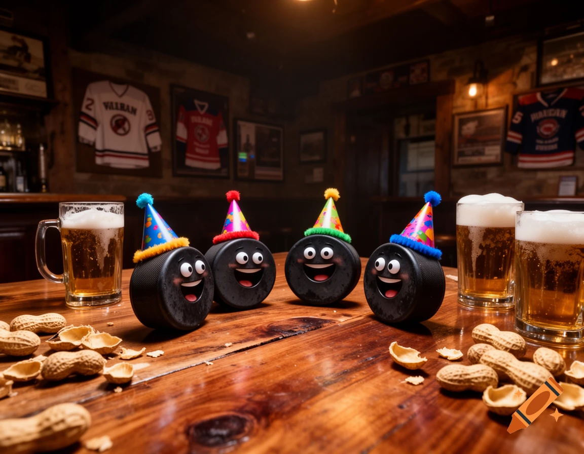 Four happy anthropomorphic hockey pucks in party hats celebrate on a bar counter with beer and peanuts.
