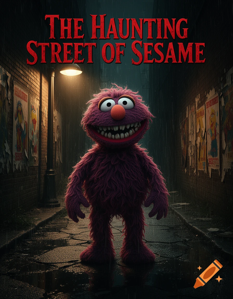 A purple, furry monster with sharp teeth and wide eyes stands in a dark, rainy alley, under the title 'THE HAUNTING STREET OF SESAME'.
