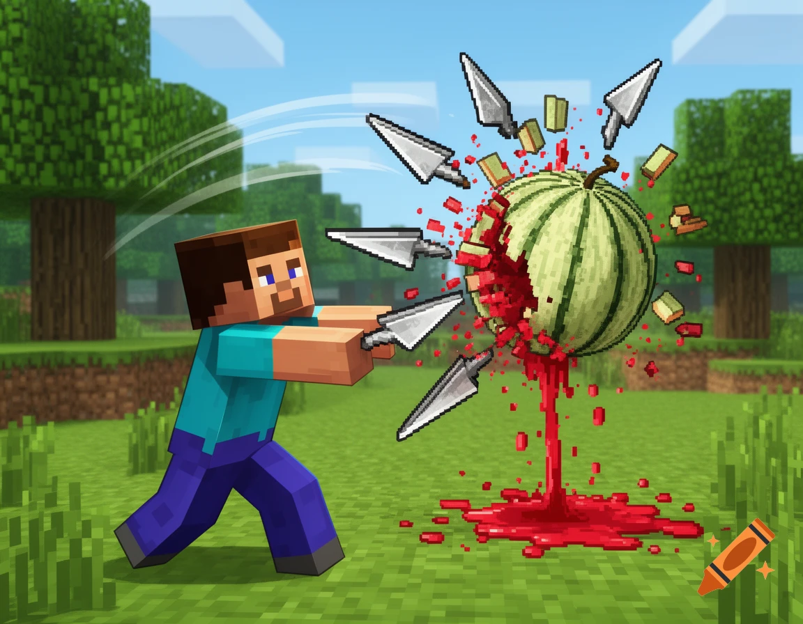 Minecraft Steve throws pixelated knives at a watermelon in a blocky world, causing it to explode with red liquid.