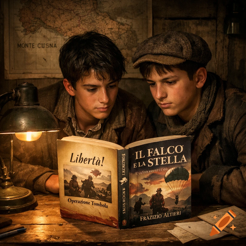 Two young boys in old-fashioned clothing are engrossed in reading an open book under the warm glow of a desk lamp, with a map of Italy on the wall behind them, in a photorealistic style.