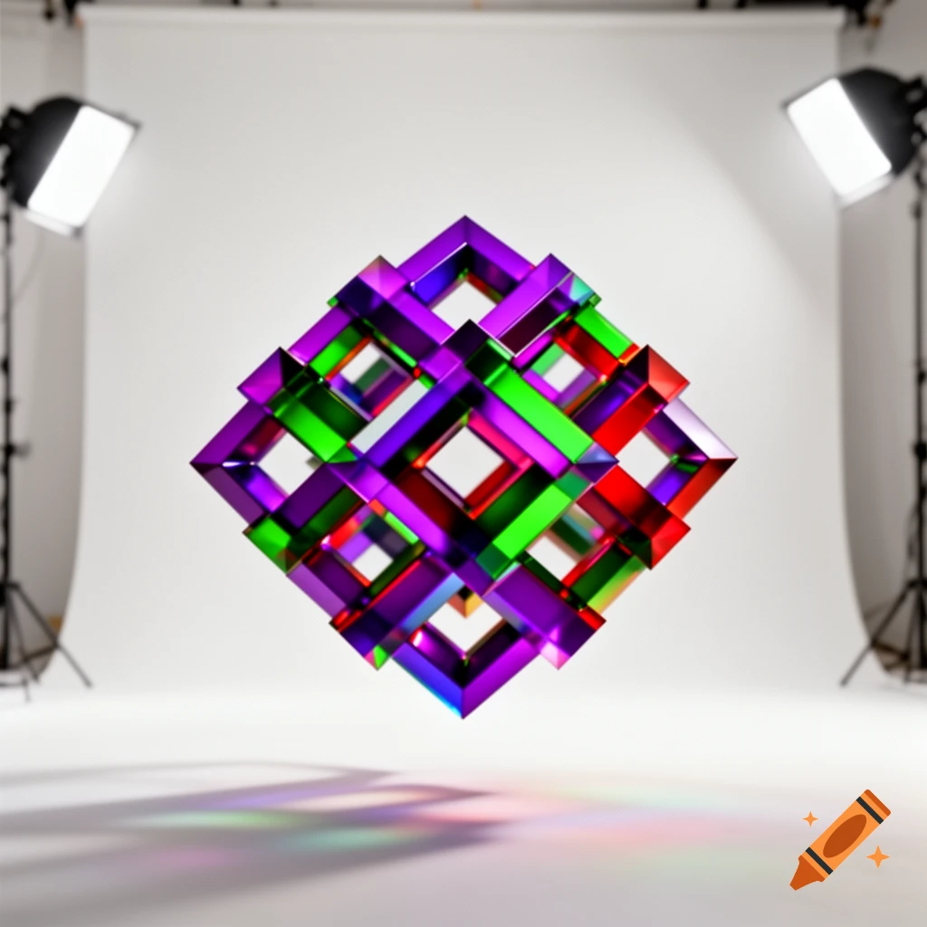A colorful abstract geometric shape with purple, green, and red facets, floating in a white photo studio with two studio lights visible.
