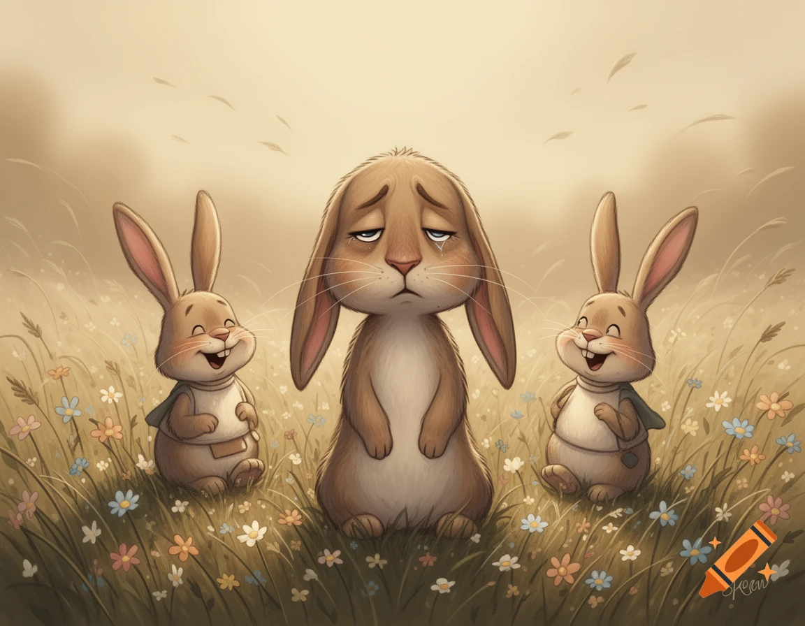 A sad brown bunny with drooping ears cries in a field, flanked by two smiling, cheerful bunnies among colorful wildflowers, in a cartoon style.