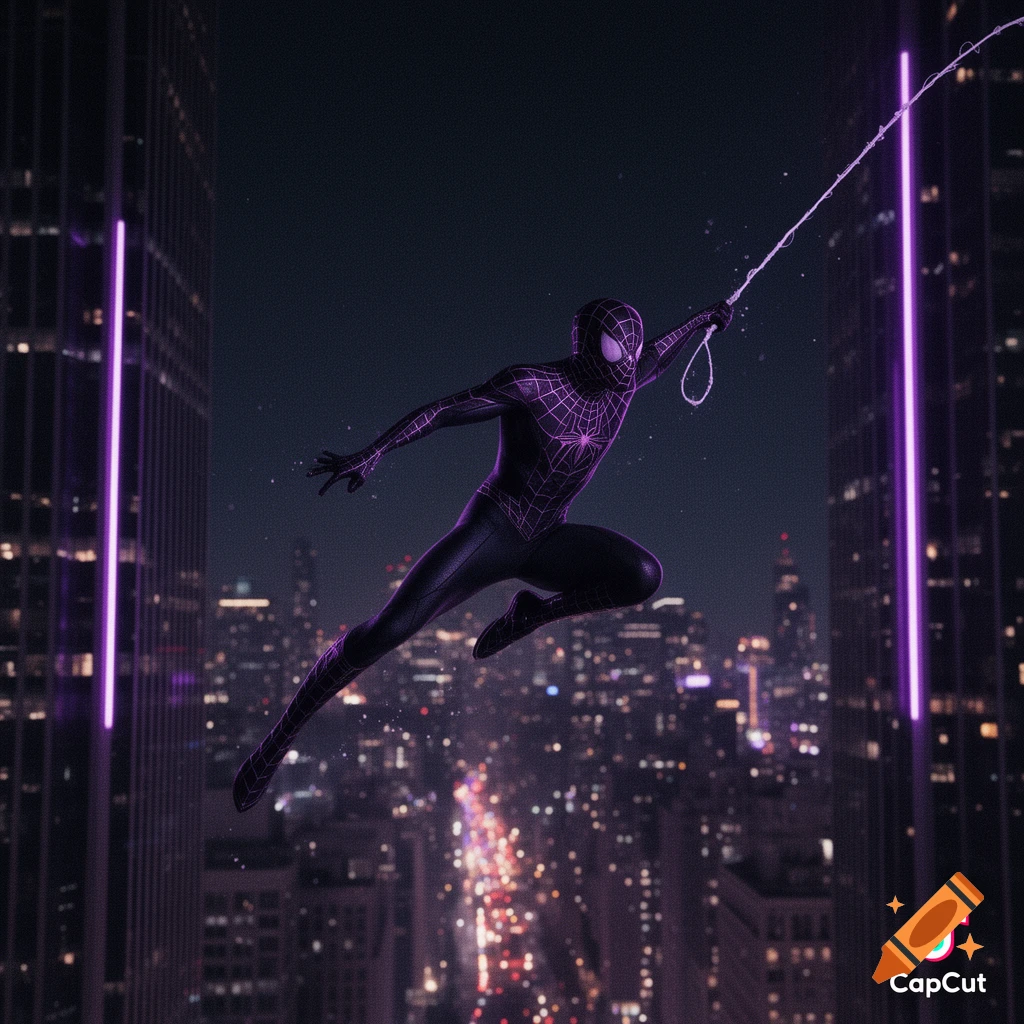 A masked superhero in a black and purple suit swings through a dark, neon-lit city at night, with skyscrapers and motion blur.
