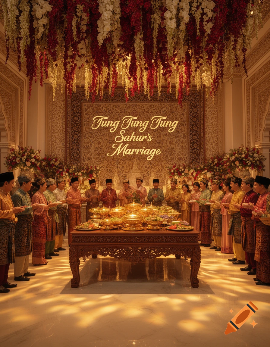 People in traditional attire gather around a long table laden with golden dishes under a ceiling of red and white flowers, with "Tung Tung Tung Sahur's Marriage" on the wall.