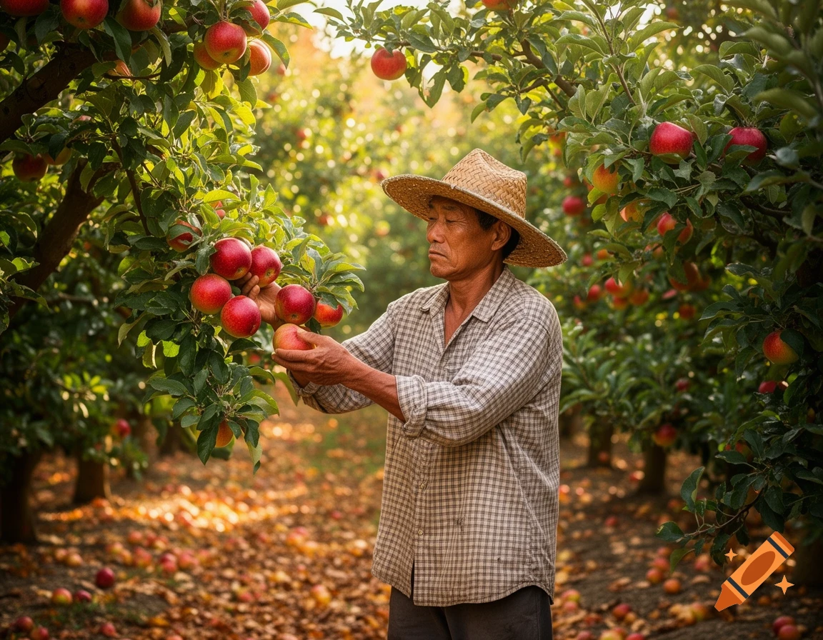 An Asian farmer wearing a straw hat picks red apples from a tree in a sun-drenched orchard, with fallen apples on the ground.