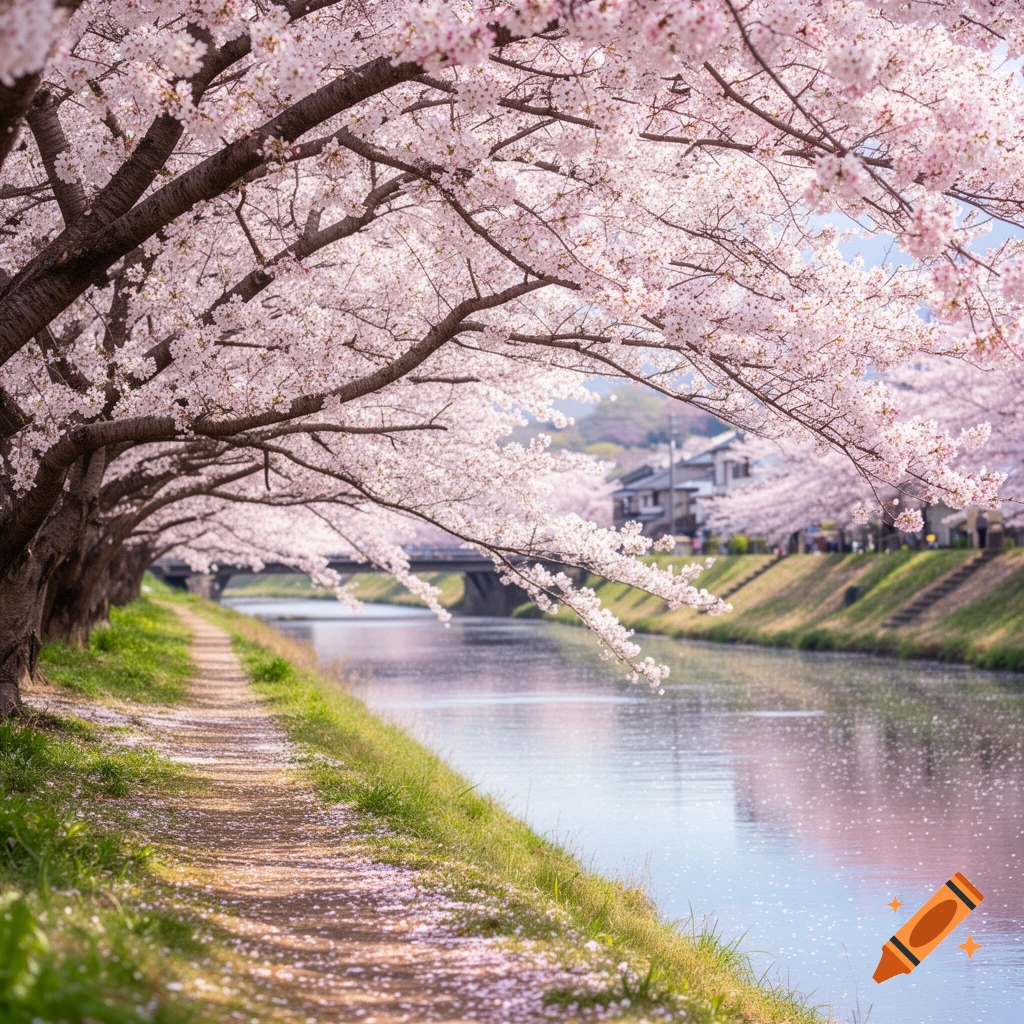 A tranquil path lined with vibrant pink cherry blossom trees alongside a calm river, with traditional Japanese houses and a bridge in the distance.
