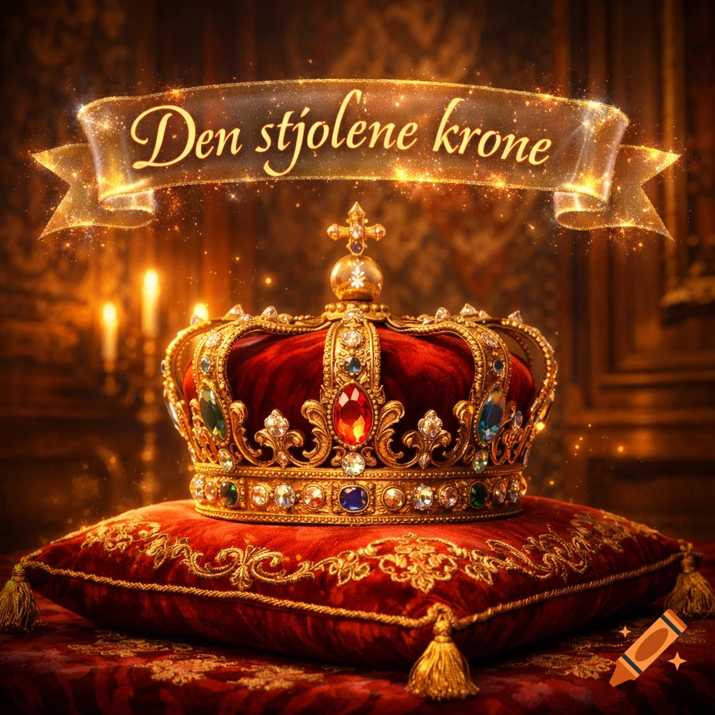 A golden, jeweled crown on a red velvet cushion, beneath a sparkling banner reading "Den stjolene krone" in a regal, warm-lit setting.