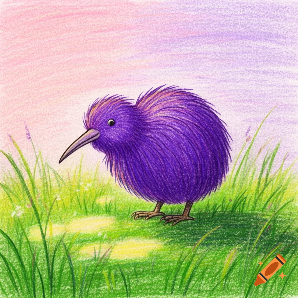 A vibrant purple kiwi bird, depicted in a crayon drawing, stands in a green field under a pastel pink and purple sky.