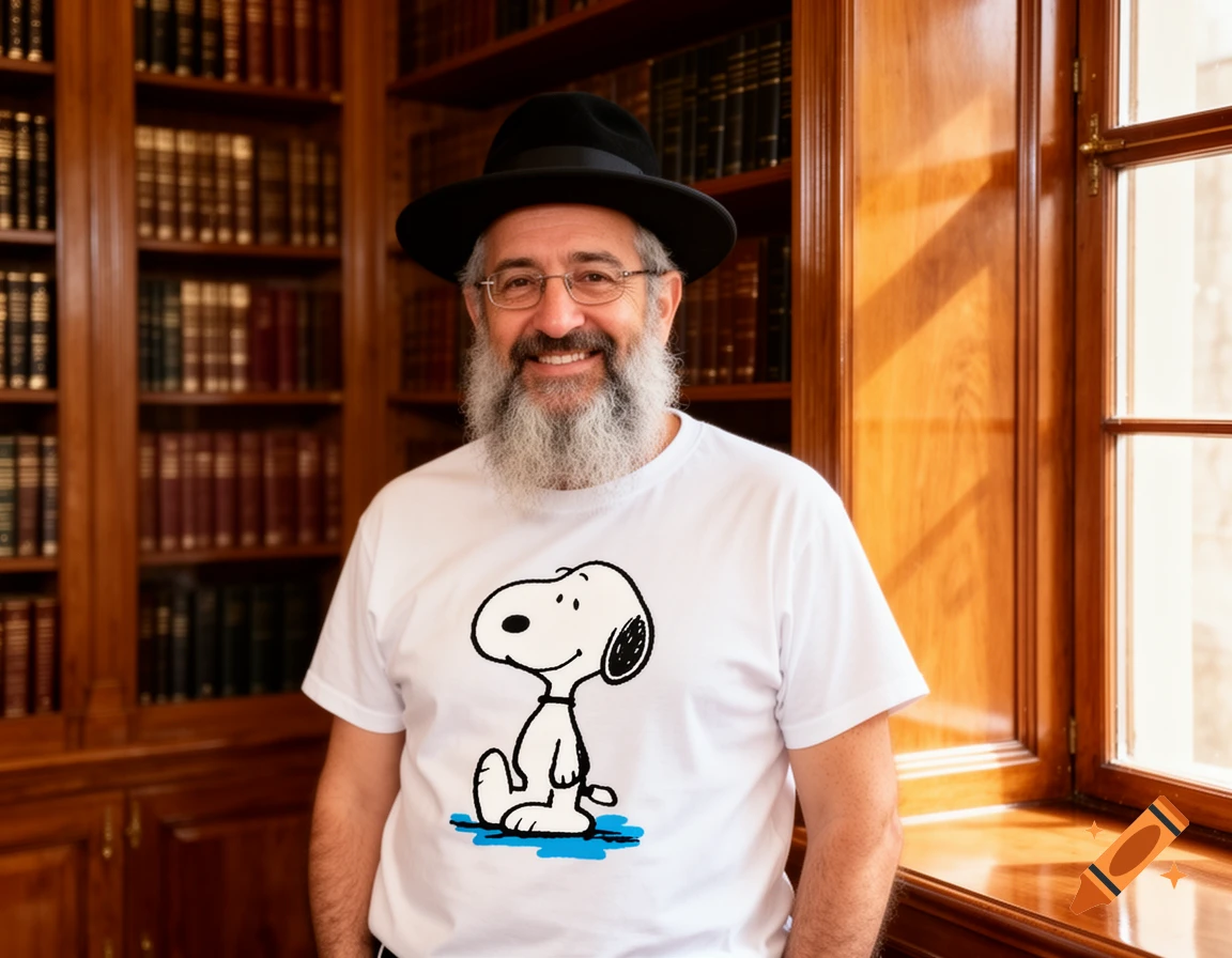 A smiling man, dressed as a Rabbi with a black hat and long beard, wears a white Snoopy t-shirt in a library.