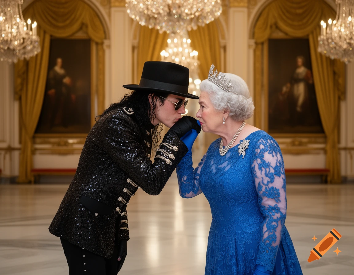 A man resembling Michael Jackson bows and kisses Queen Elizabeth II's gloved hand in a grand palace, photorealistic.