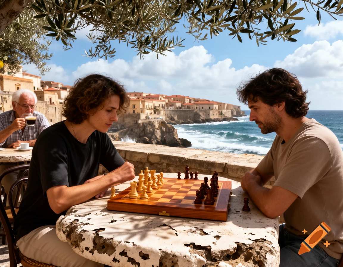 Two men play chess at an outdoor table overlooking a Mediterranean coastal town and ocean, under an olive tree.