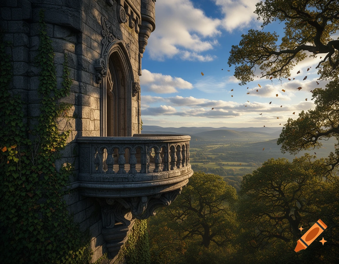 Photorealistic ornate stone castle balcony overlooks a vast green valley. Leaves fall under a blue, cloudy sky.