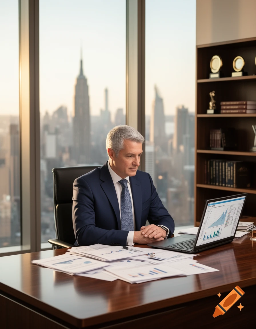 A businessman in a suit works at a desk with a laptop and papers, overlooking a city skyline at sunset from a high-rise office.