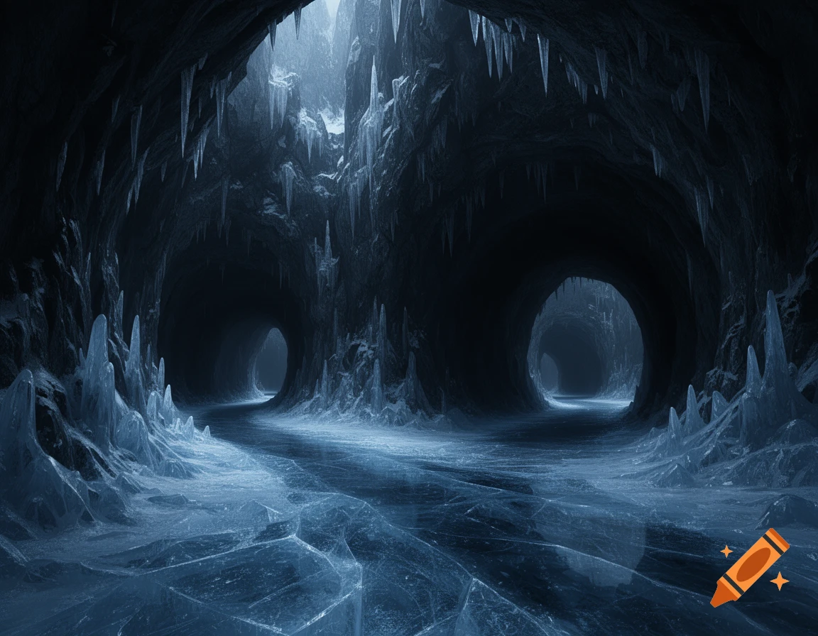 A dark, icy cave tunnel with high ceilings and stalactites, featuring a path that splits into two dark tunnels, rendered in a photorealistic fantasy art style.